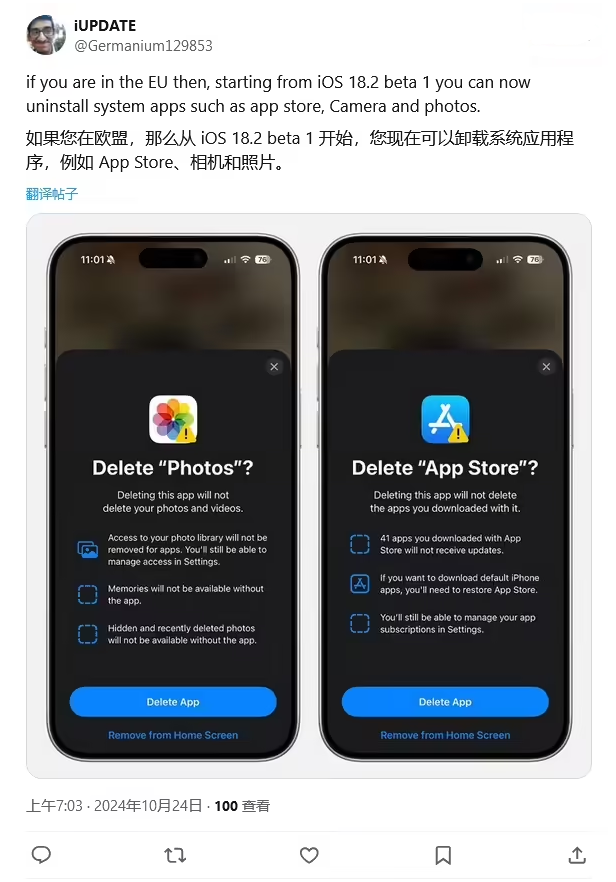 宝塔苹果手机维修分享iOS 18.2 支持删除 App Store 应用商店 